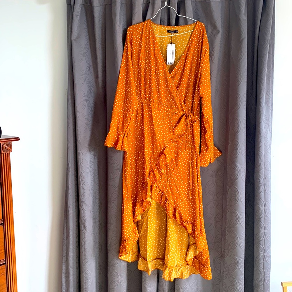 Polka dot high low long sleeve wrap spring dress